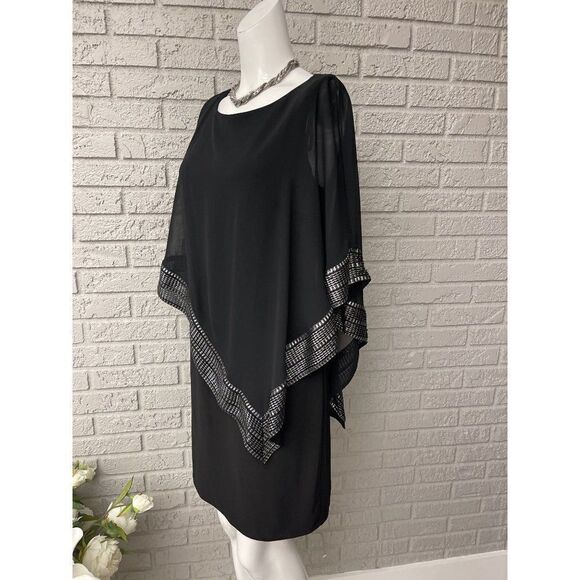 SLNY Women Navy With Sliver Metallic Trim Capelet Sheath Dress Size 8 - Picture 4 of 12